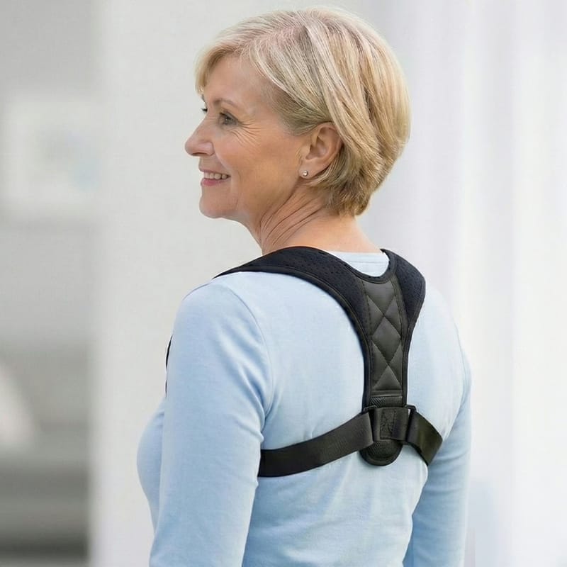 Woman wearing the WellaBack posture corrector over a light blue shirt